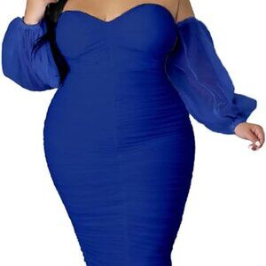 Women's Plus Size Off The Shoulder Mesh Long Sleeve Bodycon Ruched Midi Party
